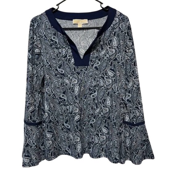 Michael Kors Tops - Michael Kors women’s top Medium Paisley long sleeves stretch blue V Neck